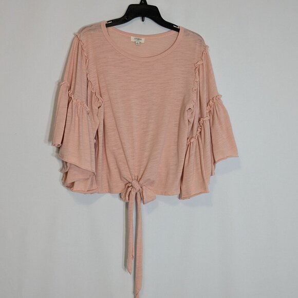 UMGEE Peach Knit Ruffled, Tie-Waist Top; 3/4 Tiered Bell Sleeves; Size S - Picture 1 of 5